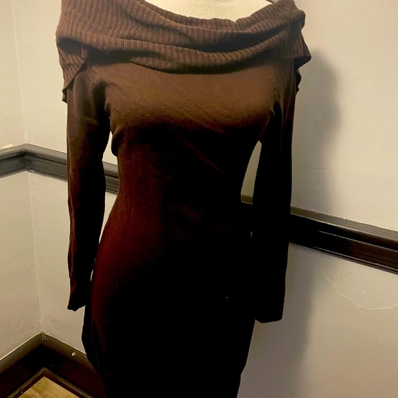 Chocolate Brown Cowl Neck Sweater Dress - Picture 2 of 3